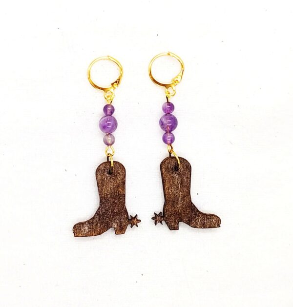 Wooden Cowboy Boots Gemstone Dangle Earrings - Handcrafted Jewelry - Gifts for Her