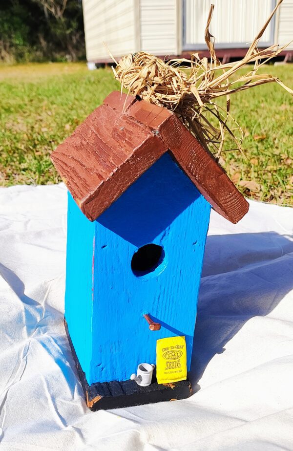 Wooden Rustic Blue Birdhouse with Gardening Theme - Spring Decor