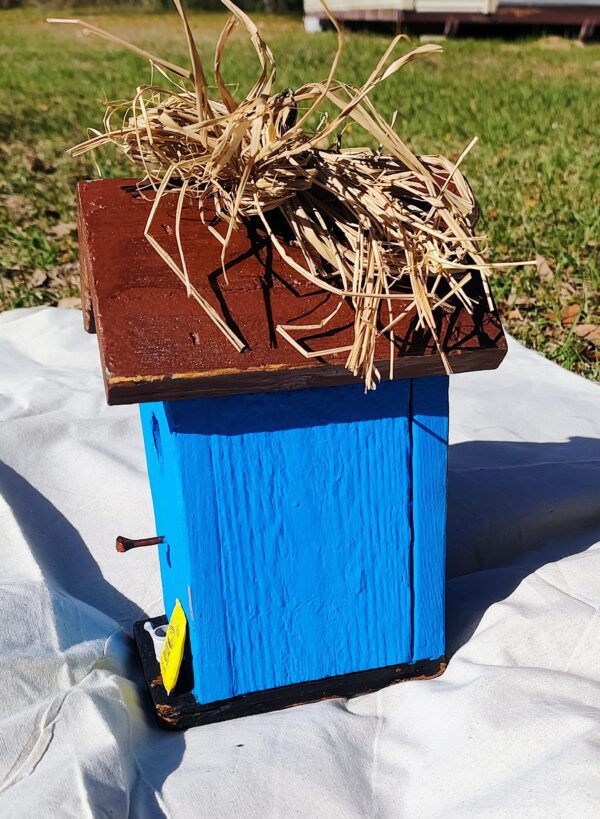 Wooden Rustic Blue Birdhouse with Gardening Theme - Spring Decor - Image 2