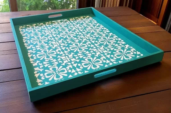Hand Painted Teal Wooden Ottoman Tray, Wood Tray, Farmhouse Decor