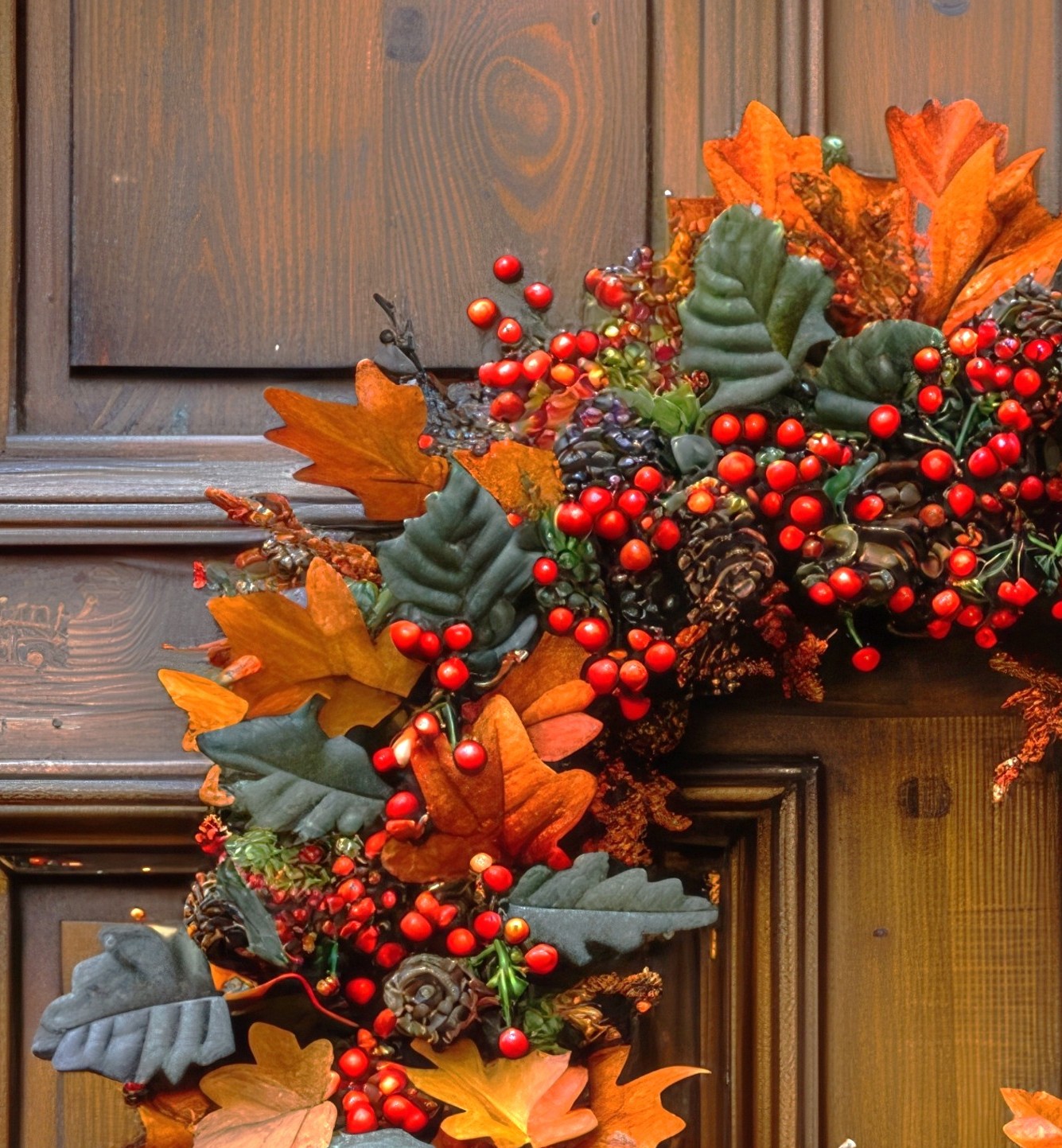 18-Inch Fall Front Door Wreath with Vibrant Orange Maple Leaves, Red Berries, and Rustic Pinecones — Autumn Harvest Home Decor - Image 2