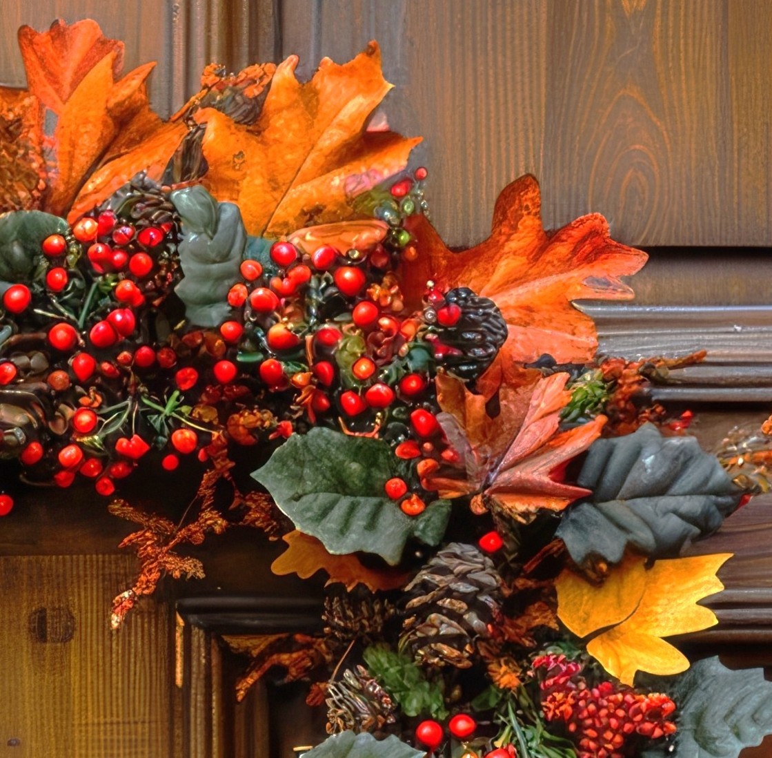 18-Inch Fall Front Door Wreath with Vibrant Orange Maple Leaves, Red Berries, and Rustic Pinecones — Autumn Harvest Home Decor - Image 3