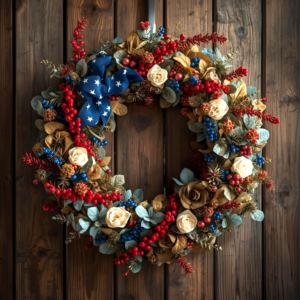 18-Inch Patriotic Front Door Wreath with Blue Star Bow, Cream Roses, and Vibrant Red Berries — Rustic American Floral Door Decor
