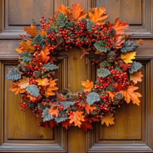 18-Inch Fall Front Door Wreath with Vibrant Orange Maple Leaves, Red Berries, and Rustic Pinecones — Autumn Harvest Home Decor