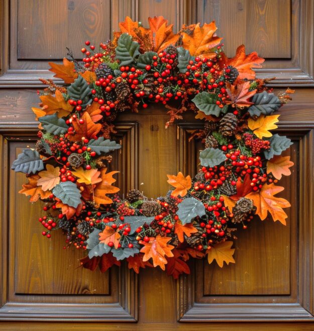 18-Inch Fall Front Door Wreath with Vibrant Orange Maple Leaves, Red Berries, and Rustic Pinecones — Autumn Harvest Home Decor