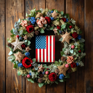 18-Inch Patriotic Front Door Wreath with American Flag Centerpiece, Rustic Stars, and Red Rose Florals — July 4th Porch Decor