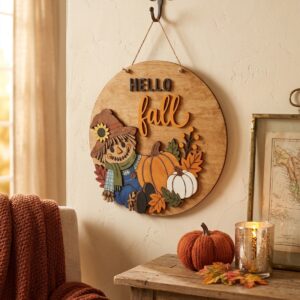 10-Inch Layered Wood "Hello Fall" Scarecrow Sign
