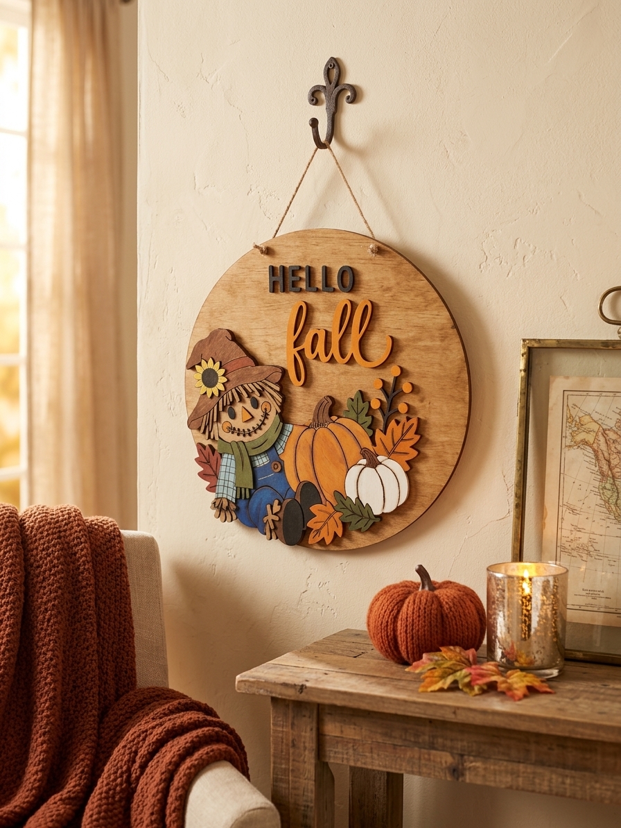 10-Inch Layered Wood "Hello Fall" Scarecrow Sign