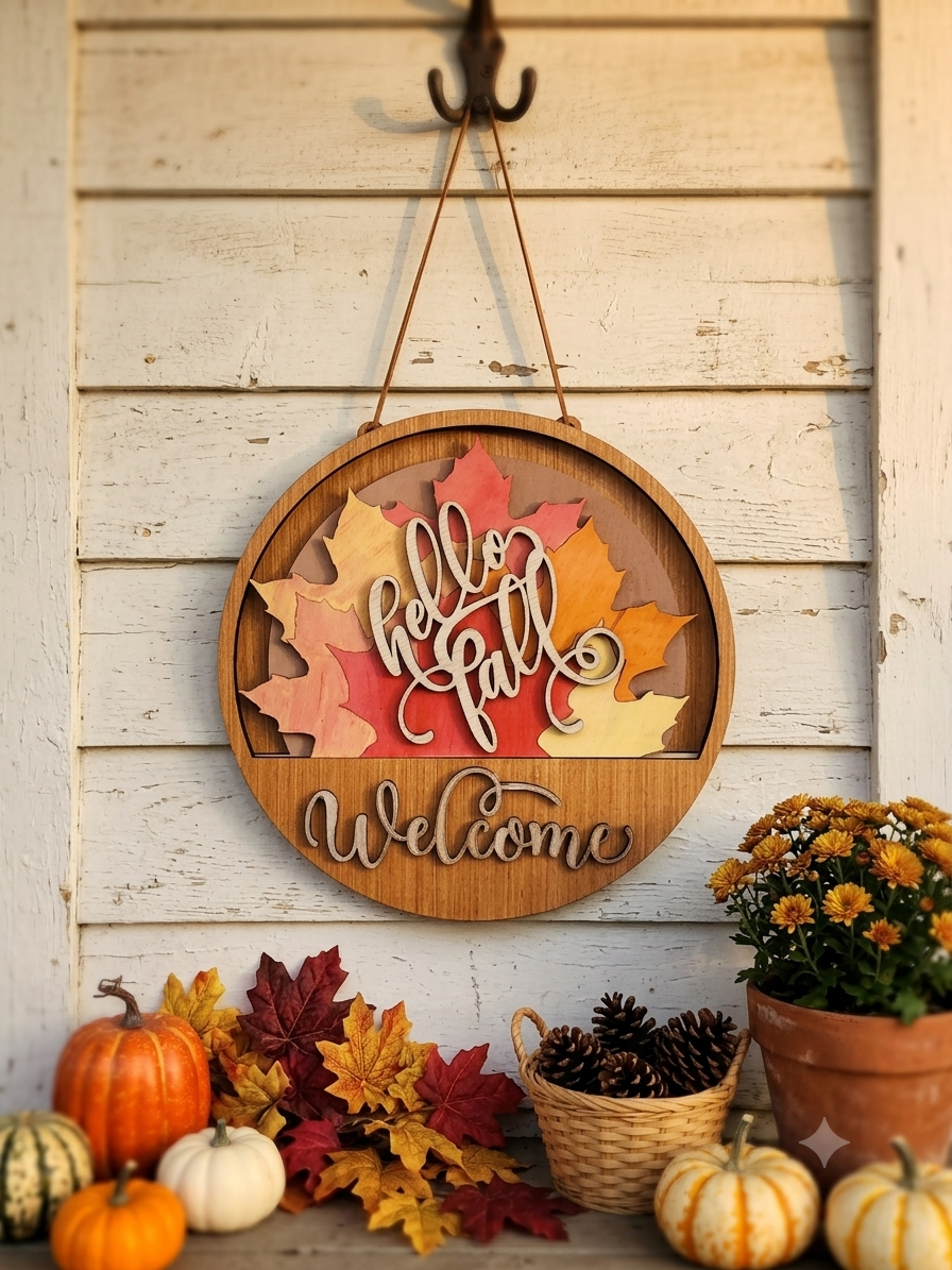 "Hello Fall" Interchangeable Wood Door Hanger & Sign