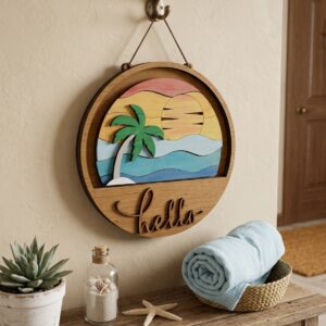 Capture a Sunset All Year Long with the "Sunset Oasis" Interchangeable Beach Scene Round Wooden Sign.