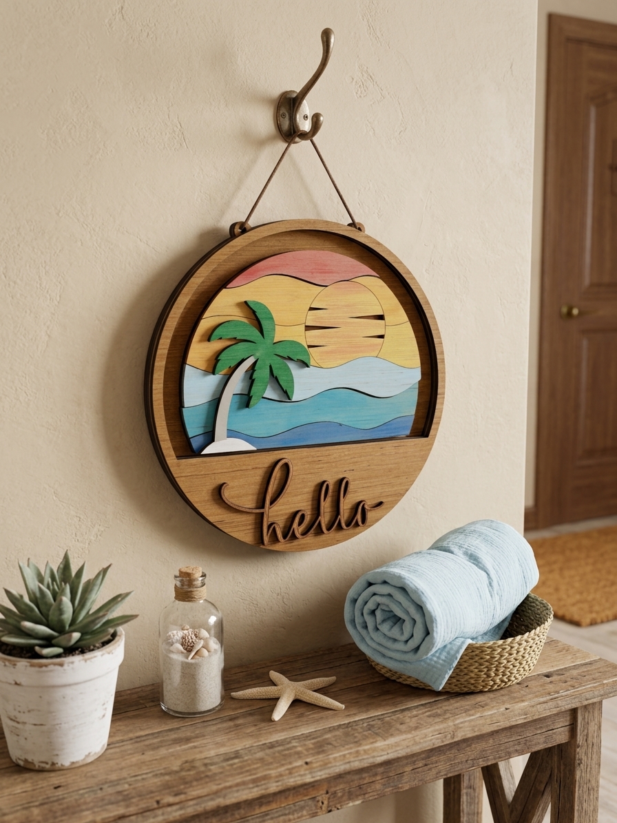 Capture a Sunset All Year Long with the "Sunset Oasis" Interchangeable Beach Scene Round Wooden Sign.