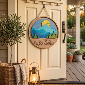 Interchangeable Mountain Sunrise Layered Wood Welcome Sign