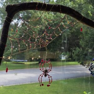 Red and Gold Beaded Spider with Web