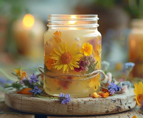 A candle with flowers inside of it