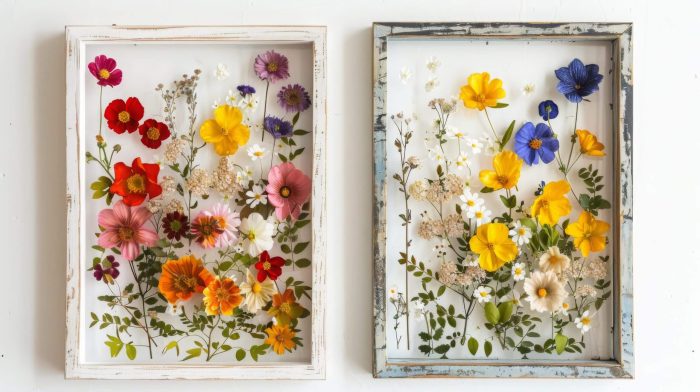 Two framed pictures of flowers are displayed on a wall.