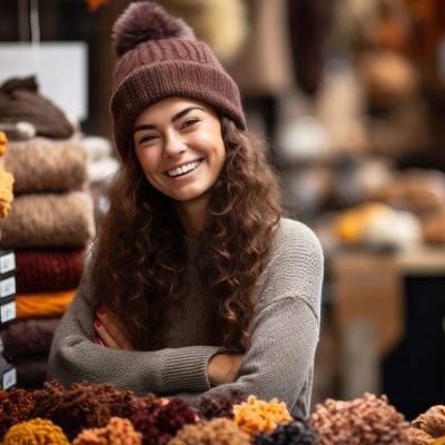 Portrait of smiling young woman in woolen clothes at the market