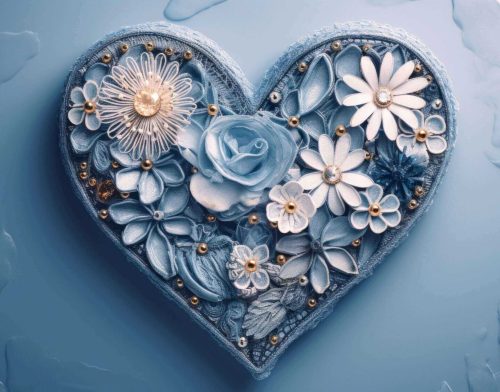 Heart-shaped floral arrangement in blue.