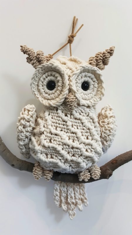 A crocheted owl hanging on a branch.