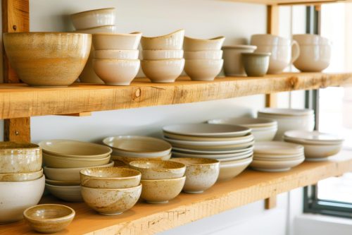 A shelf with many different bowls and plates on it