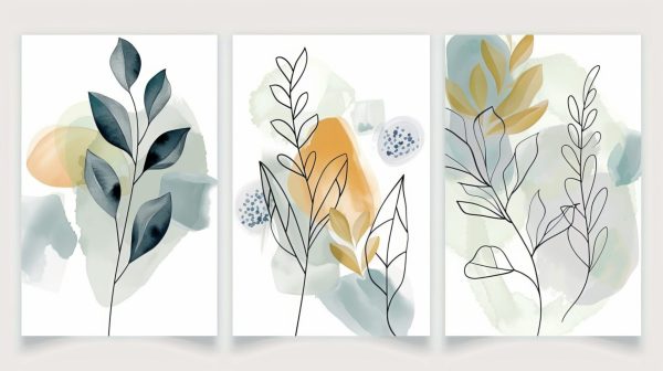 Three paintings of leaves and a plant on white.