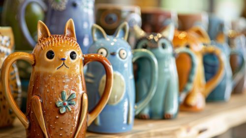 A row of ceramic mugs each one uniquely shaped and adorned with a different whimsical animal design..