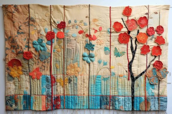 Floral textile art wall hanging.