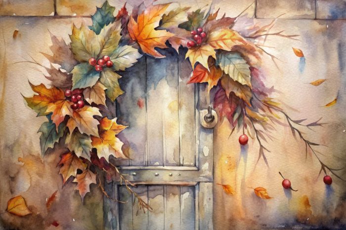 A painting of leaves and berries on the door.