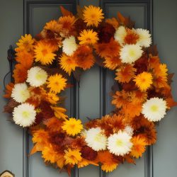 A wreath of flowers is hanging on the door.